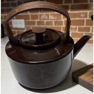 Vintage Copco Brown Enamel Tea Kettle #117 Spain MCM Wood Handle 2 Qt